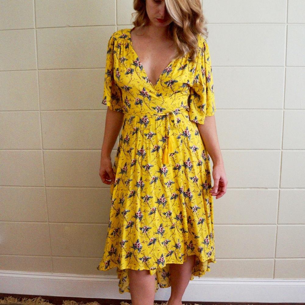 NASTY GAL yellow floral wrap dress high low boho